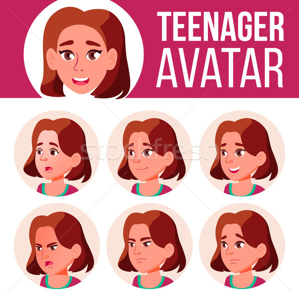 Teen Girl Avatar Set Vector. Face Emotions. High, Child Pupil. Small, Junior. Cartoon Head Illustrat Stock photo © pikepicture