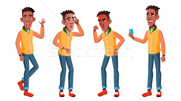 Teen Boy Poses Set Vector. Black. Afro American. Beauty, Lifestyle. For Web, Poster, Booklet Design. Stock photo © pikepicture