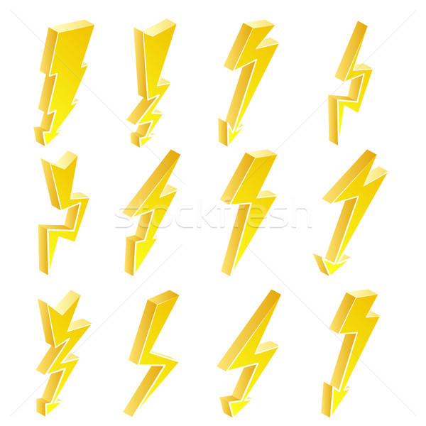 Stock photo: 3D Lightning Icons Vector Set. Cartoon Yellow Lightning Isolated Illustration. Danger, Energy Icon. 