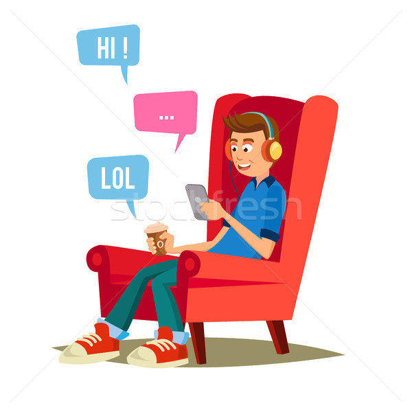 Teen Boy Vector. Happy Boy Talking, Chatting On Network. Devices And Social Media Addiction. Isolate Stock photo © pikepicture