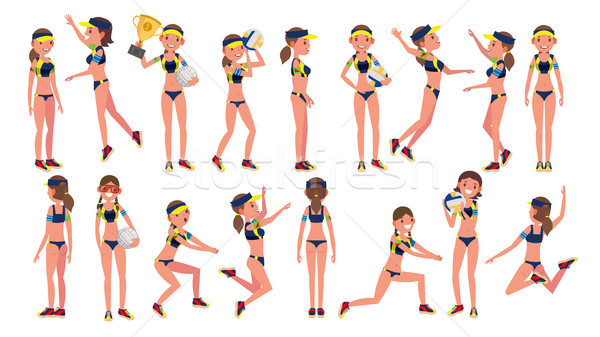 Stock photo: Woman Beach Volleyball Player Vector. Sporting Championship People. Different Position. Cartoon Char