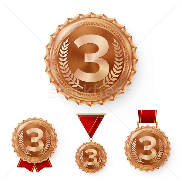 Champion Bronze Medals Set Vector. Metal Realistic 3rd Placement Winner Achievement. Number Three. R Stock photo © pikepicture