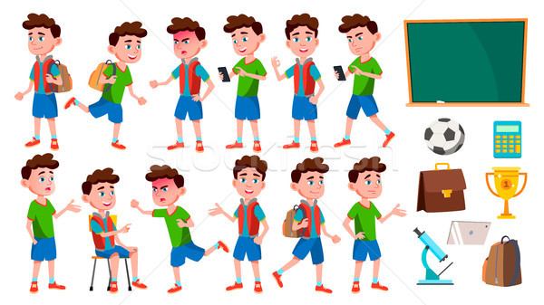 Boy Schoolboy Kid Poses Set Vector. Primary School Child. Cute Child. Happiness Enjoyment. Cheer, Pr Stock photo © pikepicture
