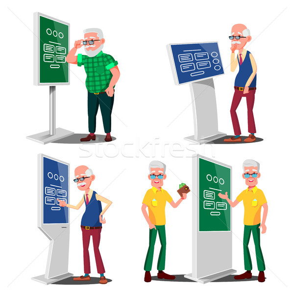 Old Man Using ATM, Digital Terminal Vector. Set. LCD Digital Signage For Indoor Using. Interactive I Stock photo © pikepicture