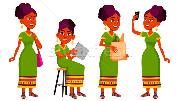 Teen Girl Poses Set Vector. Indian, Hindu. Asian. Leisure, Smile. For Web, Brochure, Poster Design.  Stock photo © pikepicture