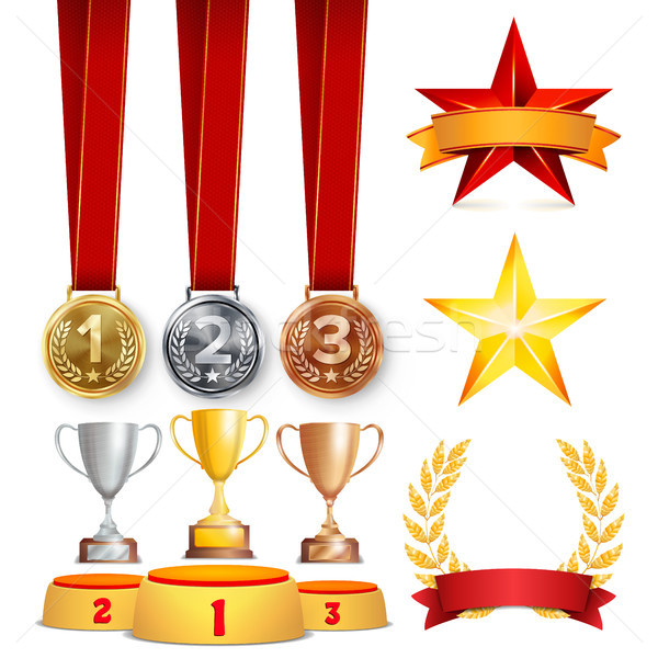 Stock photo: Trophy Awards Cups, Golden Laurel Wreath With Red Ribbon And Gold Shield. Realistic Golden, Silver, 