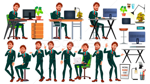 Office European Worker Vector. Face Emotions. Businessman Person. Poses. Front, Side View. Smiling E Stock photo © pikepicture