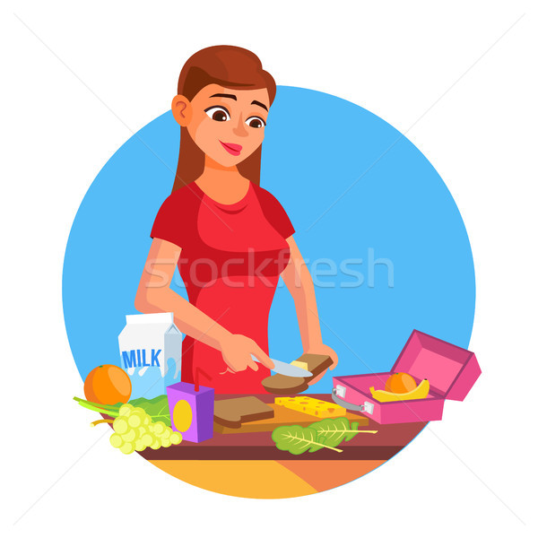 Lunch Box Vector. Woman Making Tasty Vegetarian Lunch. Healthy Food. Mother Making Breakfast For Her Stock photo © pikepicture