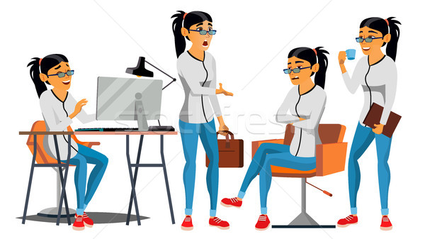 Business Woman Character Vector. Working Asian Woman. Team Room. Asiatic. Environment Process In Sta Stock photo © pikepicture