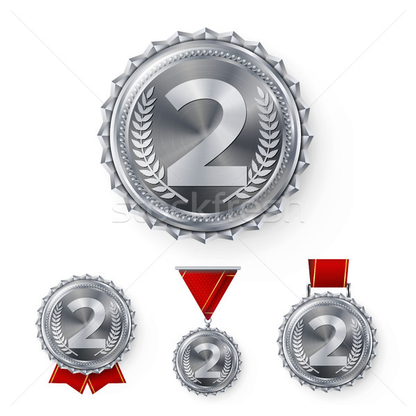 Champion Silver Medals Set Vector. Metal Realistic 2nd Placement Winner Achievement. Number Two. Rou Stock photo © pikepicture
