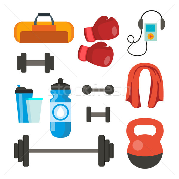 Fitness Icons Set Vector. Sport Tools Accessories. Bag, Towel, Weights, Dumbbell, Bar, Player, Boxin Stock photo © pikepicture