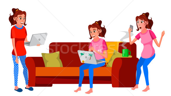 Freelancer Worker Vector. Woman Working At Home. Professional Officer, Clerk. Lady Face Emotions, Va Stock photo © pikepicture