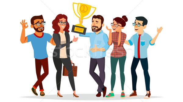 Business People Attainment Vector. Achievement Concept Vector. Businessman Leader Holding Winner Cup Stock photo © pikepicture