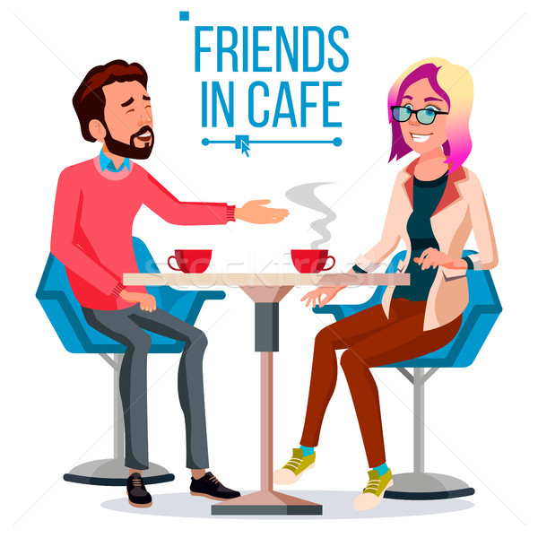 Couple In Restaurant Vector. Friends Or Boyfriend, Girlfriend. Man And Woman. Sitting Together And D Stock photo © pikepicture