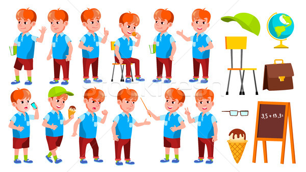 Boy Schoolboy Kid Poses Set Vector. Primary School Child. Beautiful Kid. Alphabet. Youth, Caucasian. Stock photo © pikepicture