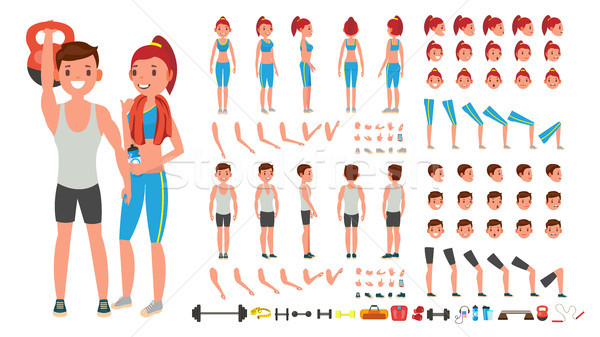 Fitness Girl, Man Vector. Animated Sport Male, Female Character Creation Set. Full Length, Front, Si Stock photo © pikepicture
