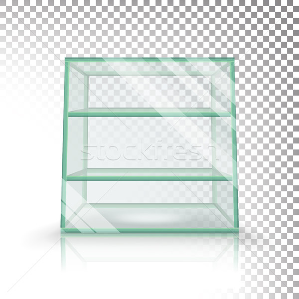 Empty Transparent Glass Box Cube Vector. 3D Realistic Glass Showcase With Shelves. Stock photo © pikepicture