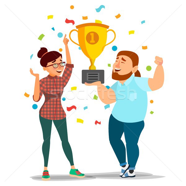 Business Woman And Man Achievement Concept Vector. Best Workers Celebrating Success. Attainment, Com Stock photo © pikepicture