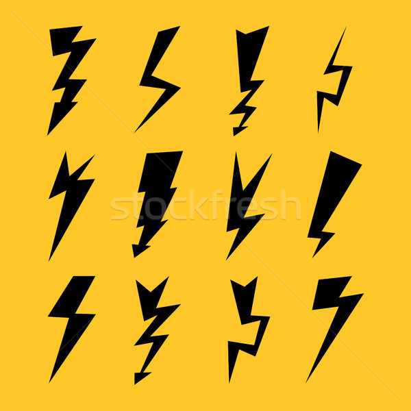 Black Color Lightnings Set Isolated On Yellow Background. Vector Illustration Stock photo © pikepicture