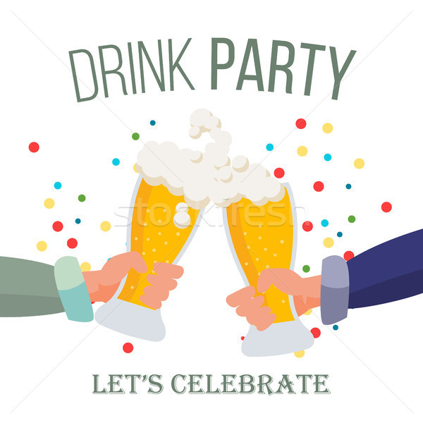 Stock photo: Drink Office Party Poster Vector. Hands Holding Beer Glasses. Clinking Glasses With Alcohol. Chin-Ch