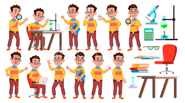 Boy Schoolboy Kid Poses Set Vector. High School Child. Child Pupil. University, Graduate, Class. For Stock photo © pikepicture