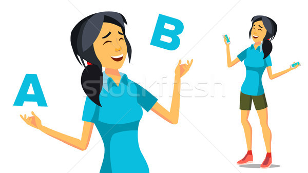 Asian Woman Comparing A With B Vector. Creative Idea. Balancing. Customer Review. Isolated Flat Cart Stock photo © pikepicture