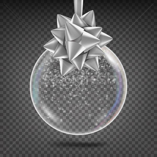 Transparent Christmas Ball Vector. Shiny Glass Xmas Tree Toy With Snowflake And Silver Bow. New Year Stock photo © pikepicture