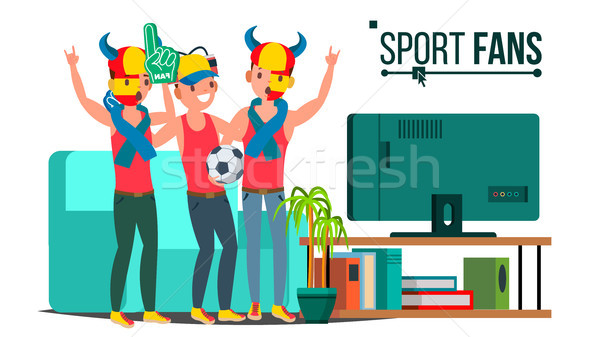 Sport Fans Group Vector. TV-set. Sport Match Supporting. Isolated Flat Cartoon Illustration Stock photo © pikepicture