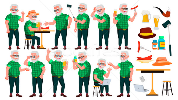 Old Man Poses Set Vector. Elderly People. Senior Person. Aged. Cute Retiree. Activity. Advertisement Stock photo © pikepicture