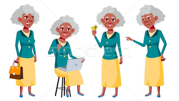 Old Woman Poses Set Vector. Black. Afro American. Elderly People. Senior Person. Aged. Friendly Gran Stock photo © pikepicture