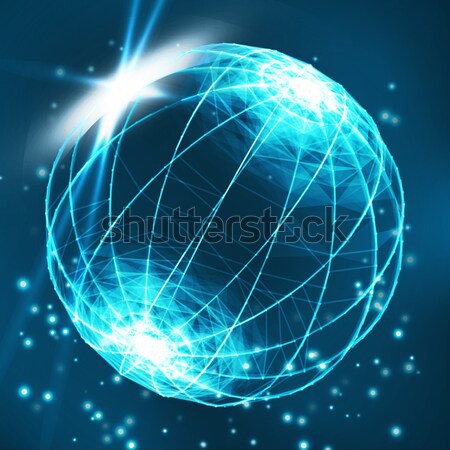 Stock photo: Abstract vector distorted sphere. Explosion of sphere with glowing particles. Abstract Globe Grid. S