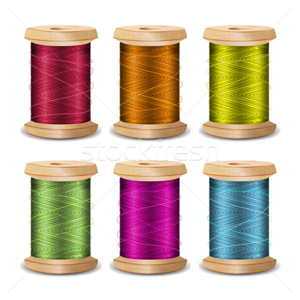 Thread Spool Set. Bright Old Wooden   Bobbin. Isolated On White Background For Needlework And Needle Stock photo © pikepicture