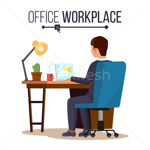 Office Workplace Concept Vector Business Man Or Clerk Working At
