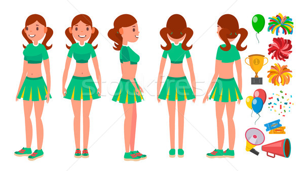 Cheerleaders Girls Set Vector. Different Poses. Dancing To Support Sport Soccer Team. Isolated Flat  Stock photo © pikepicture