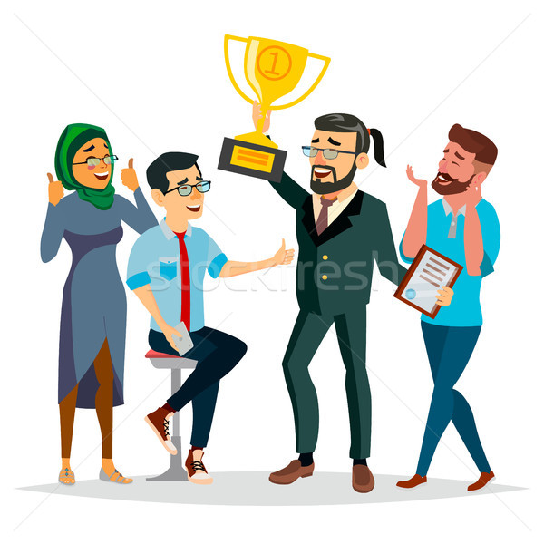 Business People Attainment Vector. Businessman Leader Holding Winner Golden Cup. Modern Office Emplo Stock photo © pikepicture