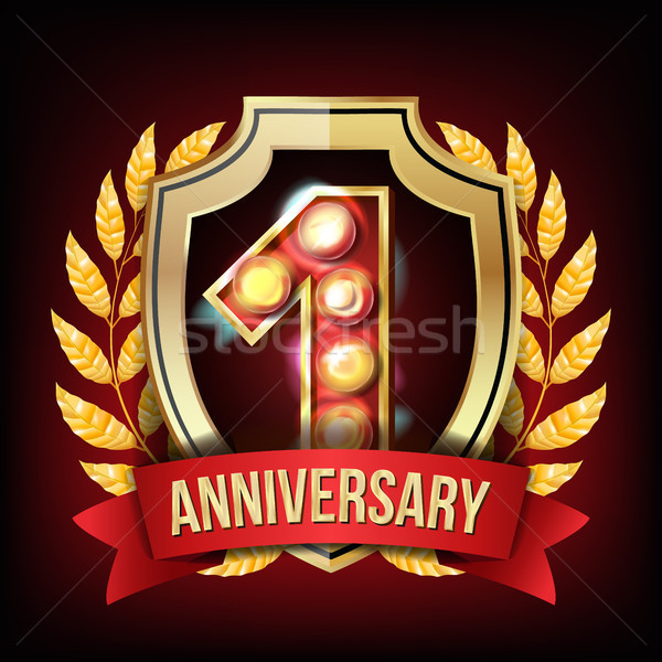 1 Year Anniversary Banner Vector. One Age, First Celebration. Shining Gold Sign. Number One. Laurel  Stock photo © pikepicture