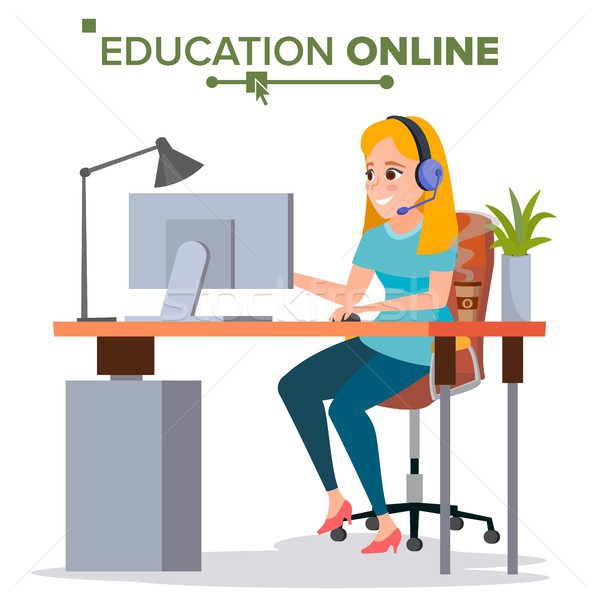 Education Online Vector. Young Handsome Woman In Headphones Sitting. Home Online Training Course. Mo Stock photo © pikepicture