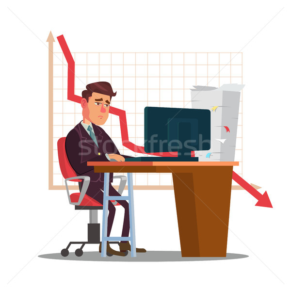 Unhappy Trader Man Vector. Trader Desk In Trader Room. Statistical Reports Spread. Investment Purpos Stock photo © pikepicture