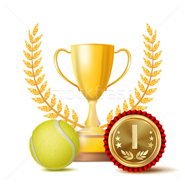 Tennis Achievement Award Vector. Sport Banner Background. Yellow Ball, Winner Cup, Golden 1st Place  Stock photo © pikepicture