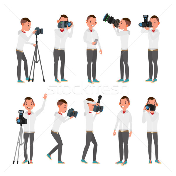 Professional Photographer Vector. Male In Different Poses. Lights And Cameras. Creative Occupation.  Stock photo © pikepicture