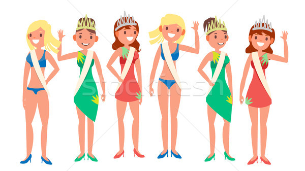Beauty Pageant Vector. Woman On Beauty Pageant. Queen Smiling. Isolated Flat Cartoon Illustration Stock photo © pikepicture