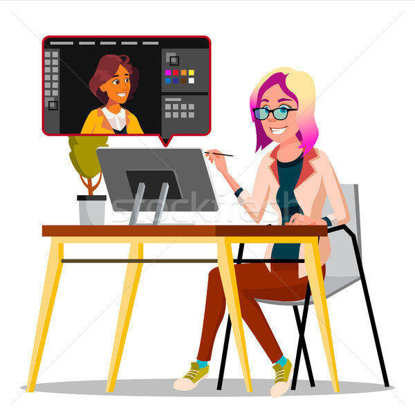 Photographer Retouching Photo Vector. Woman Working With Graphic Software. Freelance Concept. Isolat Stock photo © pikepicture