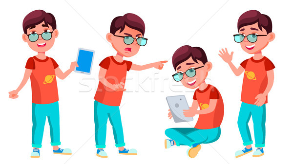 Boy Schoolboy Kid Poses Set Vector. Primary School Child. Student Activity. Educate. Kids, Positive. Stock photo © pikepicture
