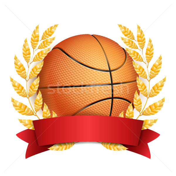 Basketball Award Vector. Sport Banner Background. Orange Ball, Red Ribbon, Laurel Wreath. 3D Realist Stock photo © pikepicture