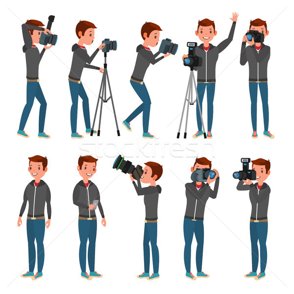 Photographer Vector. Modern Camera. Posing. Full Length Taking Photos. Photojournalist Design. Flat  Stock photo © pikepicture