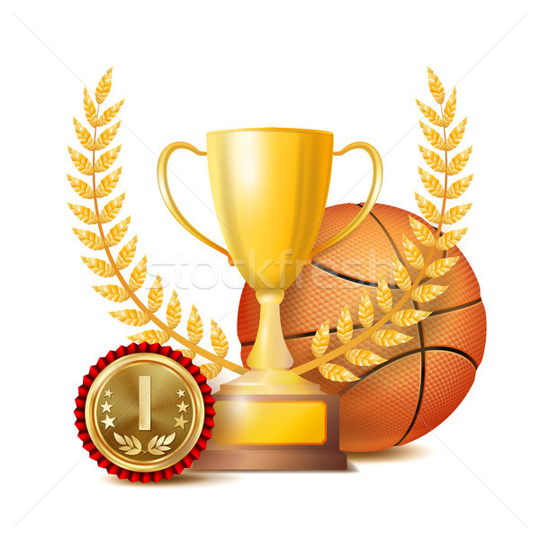 Basketball Award Vector. Sport Banner Background. Orange Ball, Gold Winner Trophy Cup, Golden 1st Pl Stock photo © pikepicture