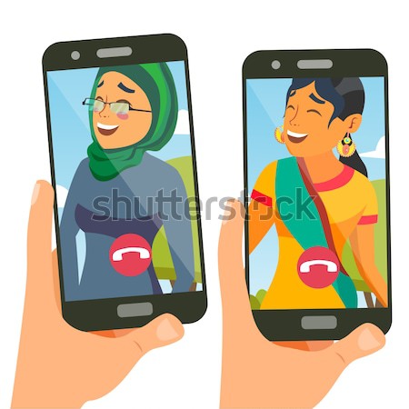 Taking Photo On Smartphone Vector. Smiling Friends Taking Selfie. People Posing. Hand Holding Smartp Stock photo © pikepicture