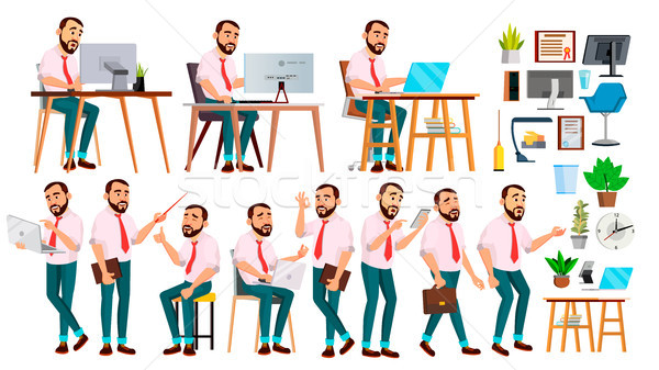 Office Worker Vector. Face Emotions, Various Gestures. Creation Set. Adult Entrepreneur Business Man Stock photo © pikepicture