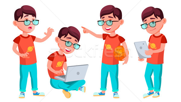 Boy Schoolboy Kid Poses Set Vector. Primary School Child. Clever Positive Person. Casual Clothes. Fo Stock photo © pikepicture