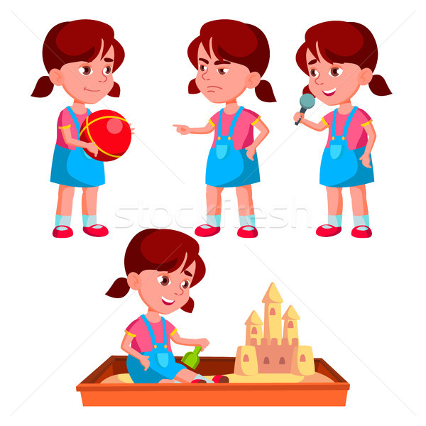 Girl Kindergarten Kid Poses Set Vector. Playful Positive Small Baby. For Presentation, Print, Invita Stock photo © pikepicture